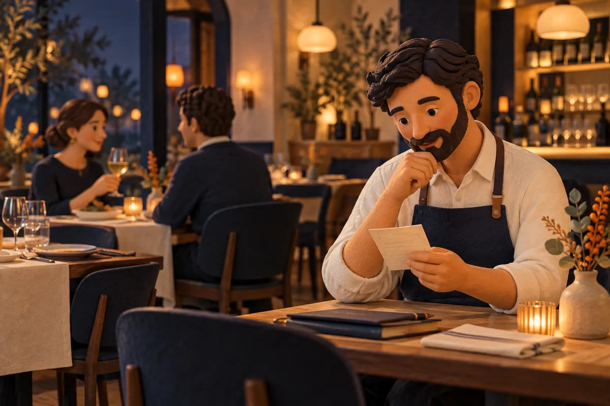 Ilustración de un responsable de restaurante que revisa una nota después del servicio, con comensales al fondo