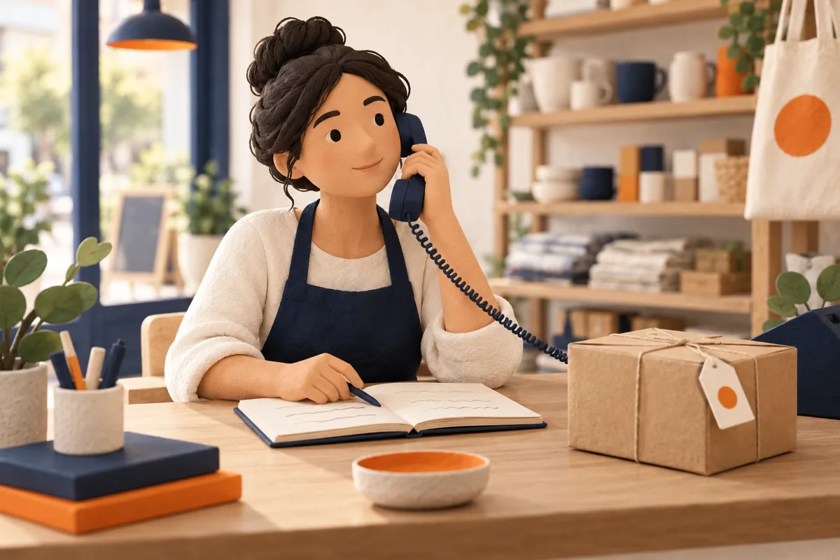 Ilustración de una comerciante que atiende una llamada y toma notas junto a un paquete
