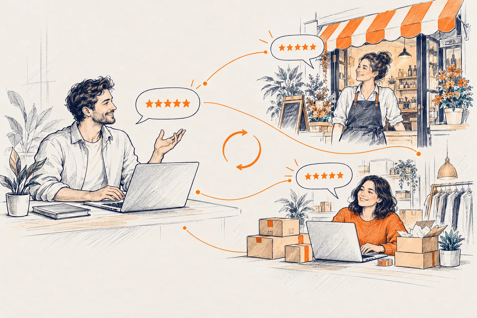 Boceto en naranja y azul de un partner conectando con un comercio y una tienda online.
